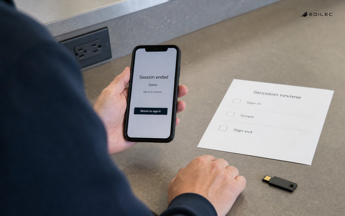 A tester checks a signed-out phone beside a session-review checklist.
