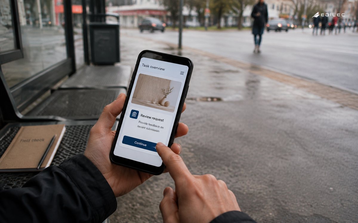 A tester taps a task control on a smartphone during an outdoor field check beside a notebook.