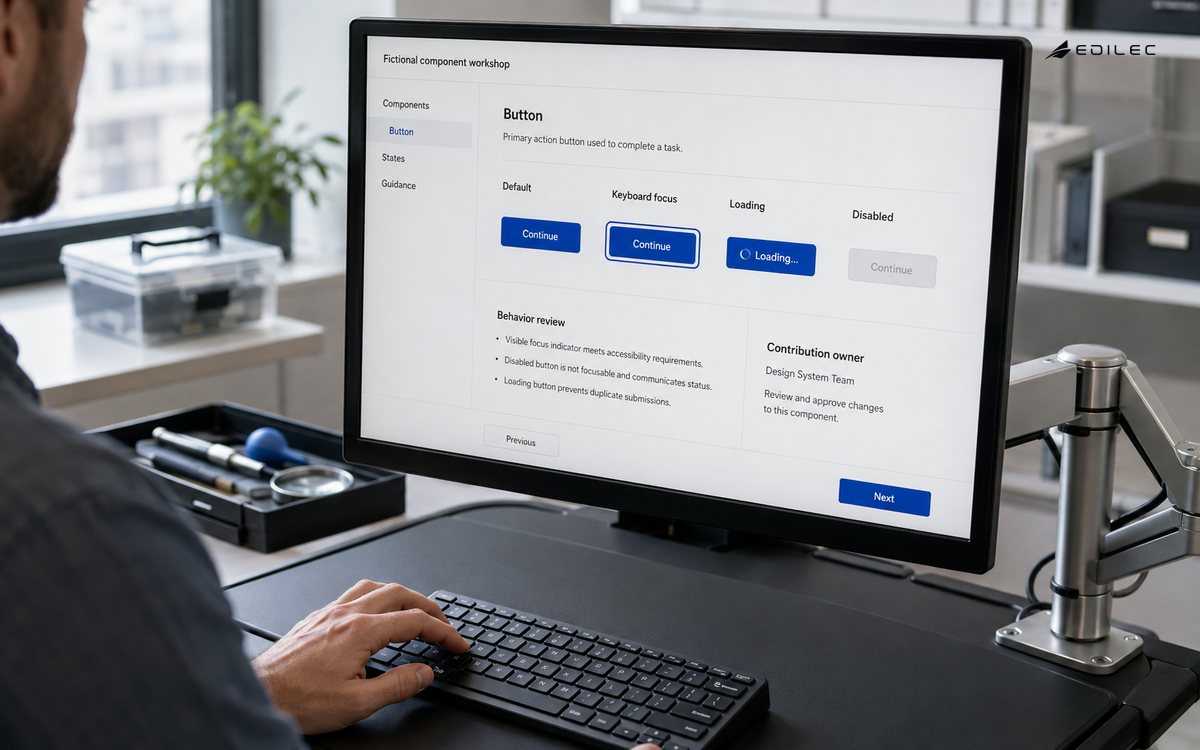 Hands use a keyboard while button focus, loading and disabled states appear on an arm-mounted monitor.