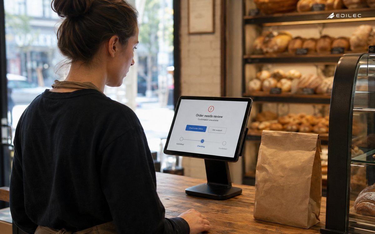 A bakery worker checks a pickup terminal showing an order that needs review beside an unmarked bag.