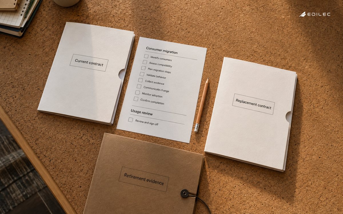 Current and replacement API contract packs are connected through a consumer-migration checklist.