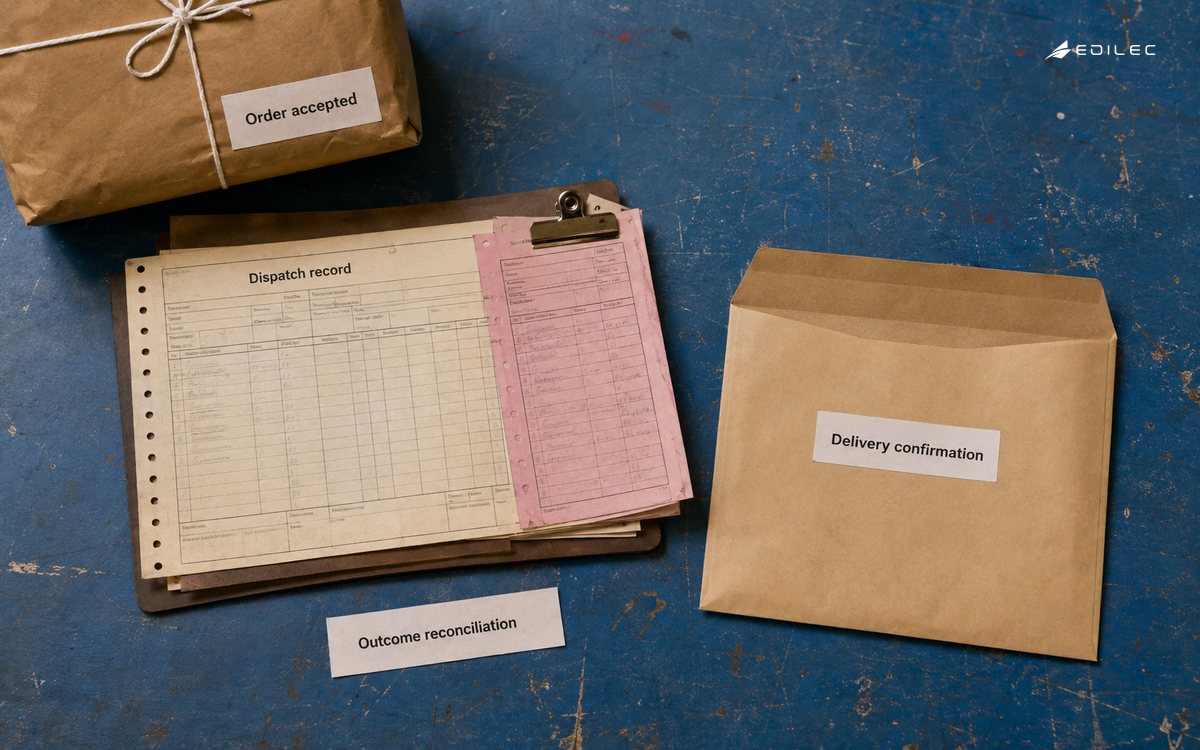 An accepted order and dispatch record await a separate delivery-confirmation outcome.