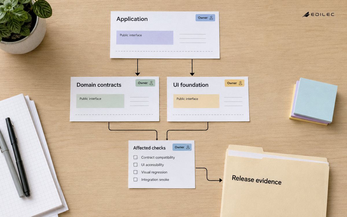 An application package points to shared contracts and UI foundations beside release-evidence records.