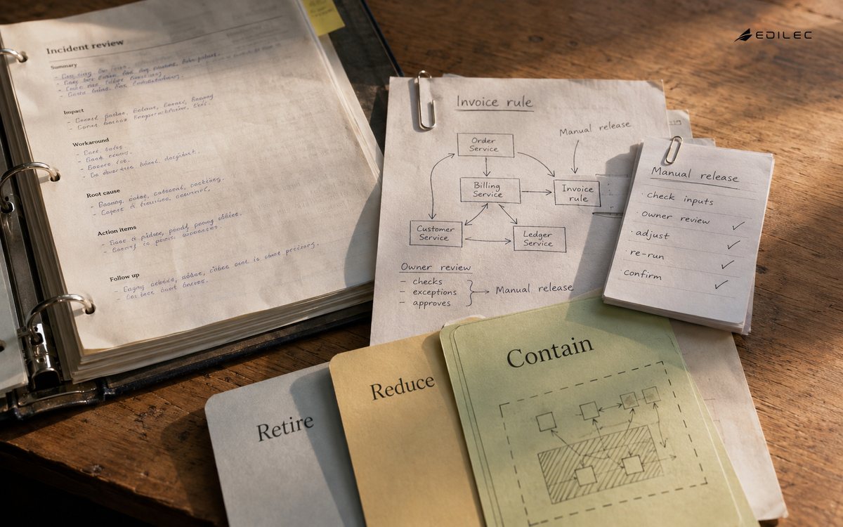 Invoice-rule notes and a manual-release checklist sit beside contain, reduce and retire decision cards.
