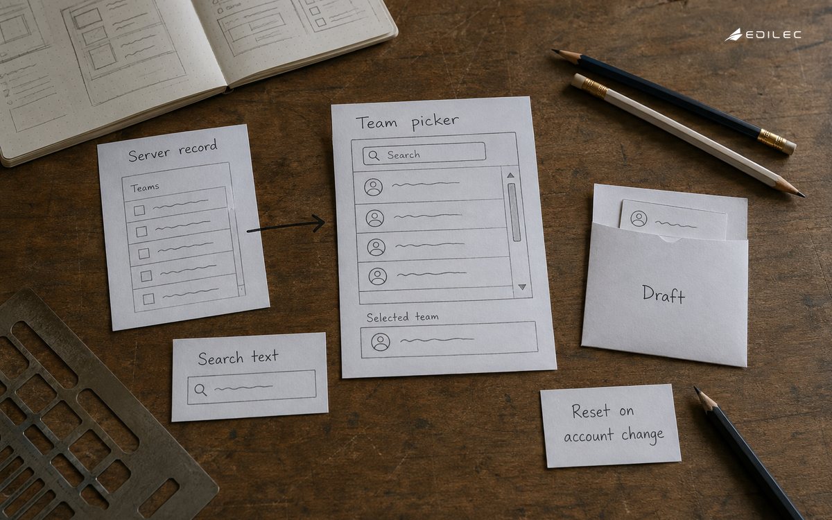 Paper team-picker prototypes and labeled state cards show a server record, search input and preserved draft.
