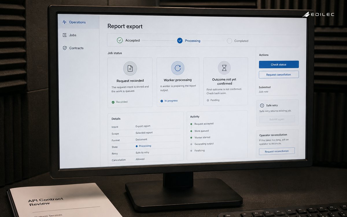 A monitor shows a report-export job inspector distinguishing an accepted request from processing and completion.