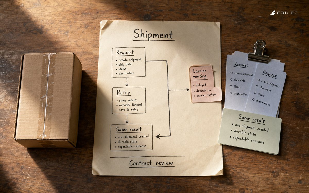 Two clipped request slips point to one shipment result beside a parcel and contract worksheet.