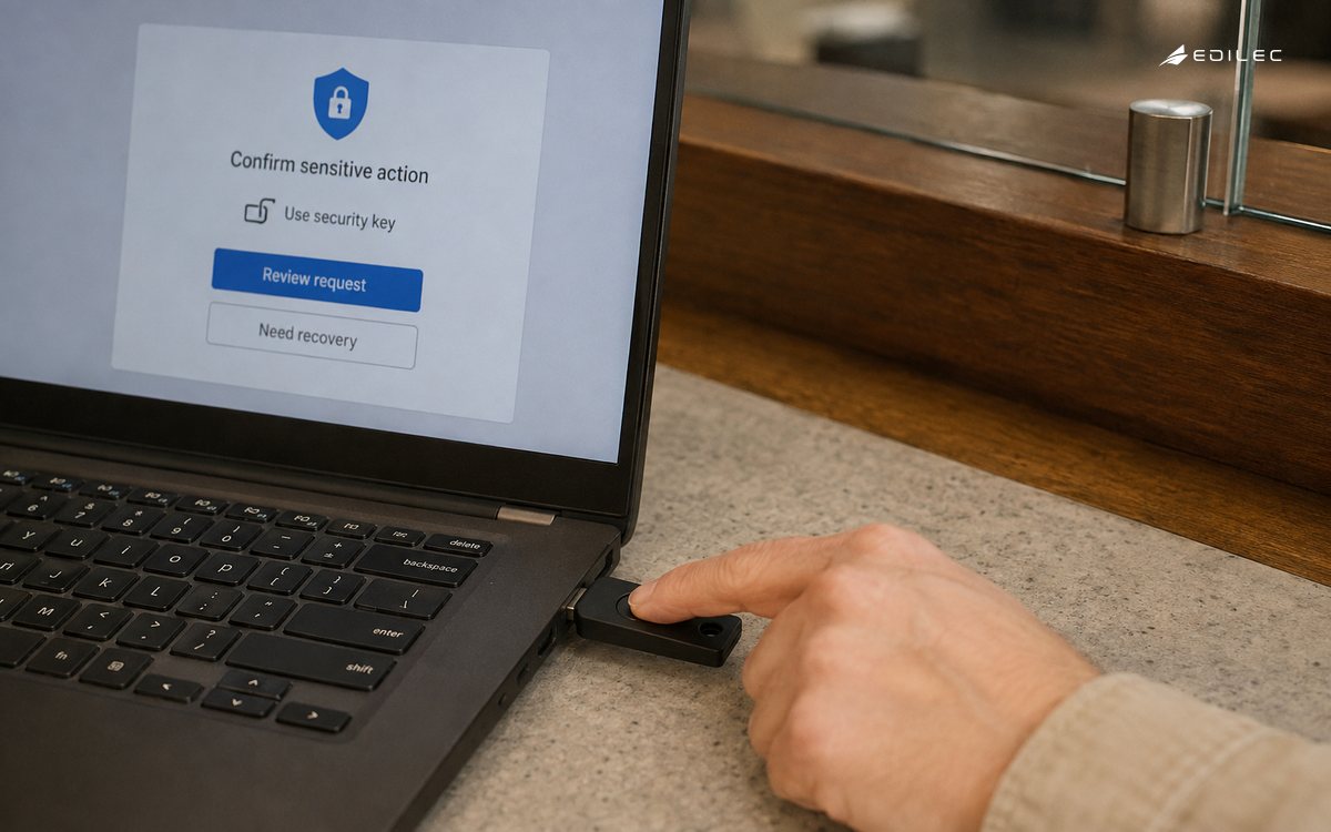A standing user touches a hardware security key beside a sensitive-action confirmation screen.