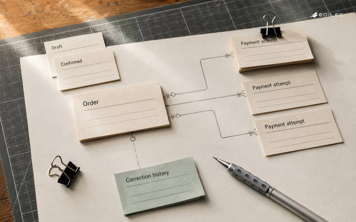 Paper order and payment-attempt cards connect to a correction-history card on a drafting mat.