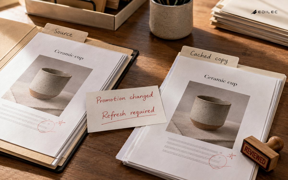 Source and cached-copy paper proofs lie beside a promotion-change note and a refresh stamp.