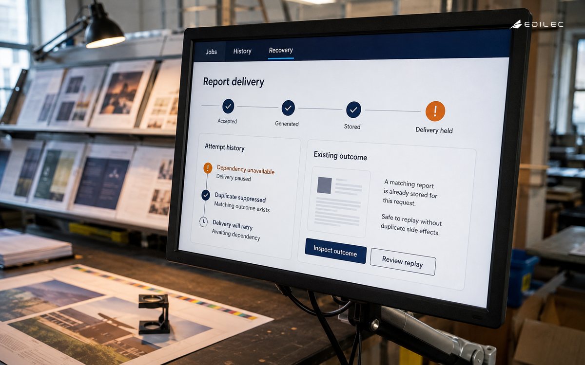 An arm-mounted monitor shows report-delivery stages and recovery controls in a print-production room.