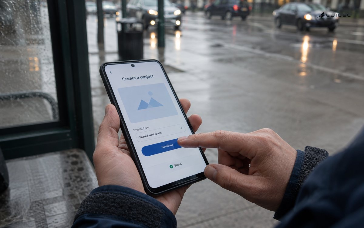 Hands tap a project-setup control on a phone at a sheltered transit stop.