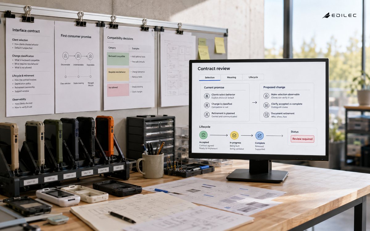 Device testing studio with contract sheets and a monitor comparing current and proposed API behavior.
