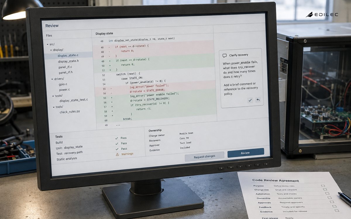 Monitor showing a small code diff, an inline recovery comment, checks, and review controls.