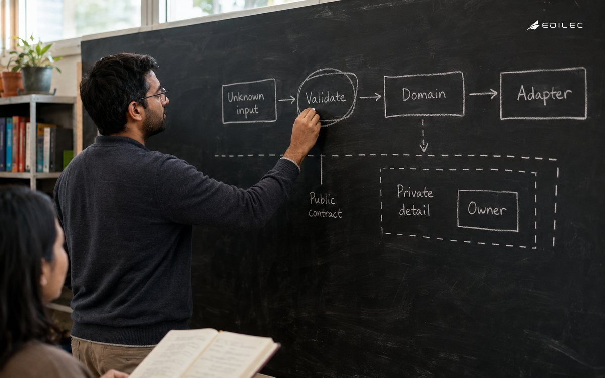 A standing engineer marks a validation boundary in a chalkboard dependency map.