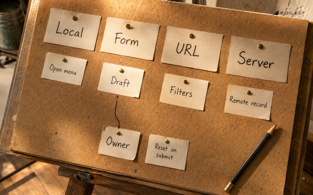 Paper state categories and a draft ownership note on a workshop board.