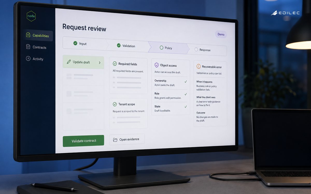 An API contract inspector shows validation, policy and response boundaries on a monitor.