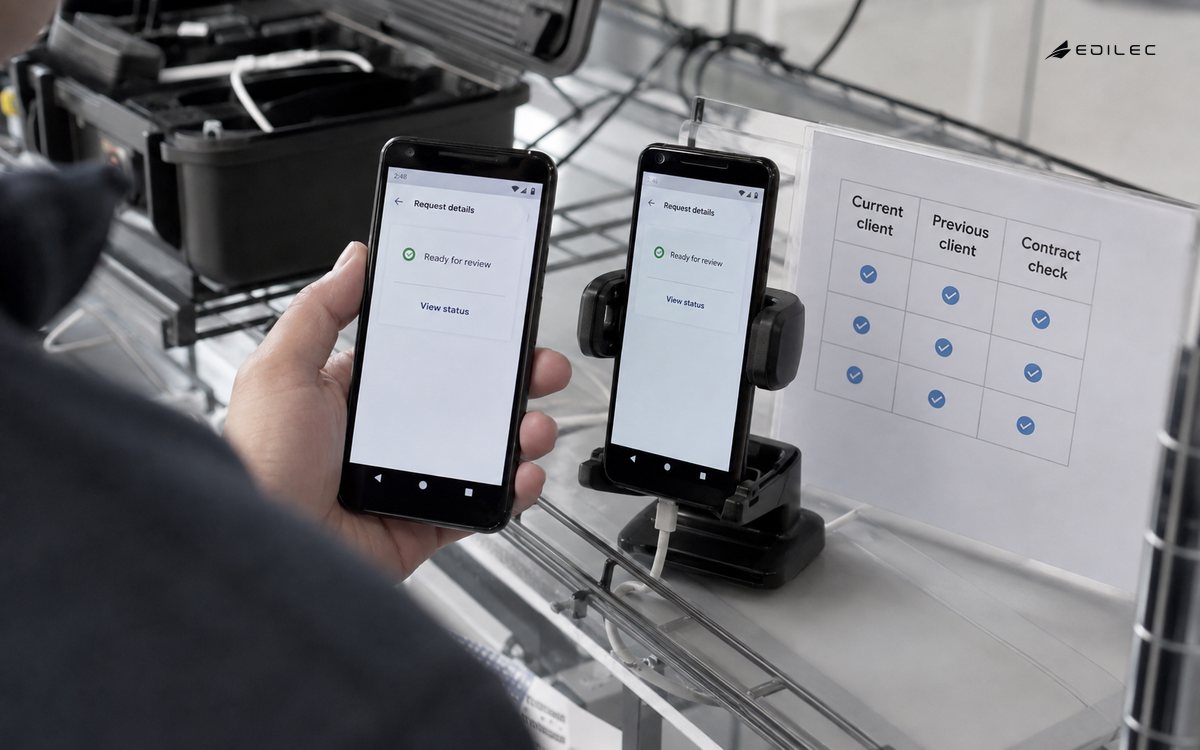 An engineer compares a service request on two phones beside a compatibility checklist.