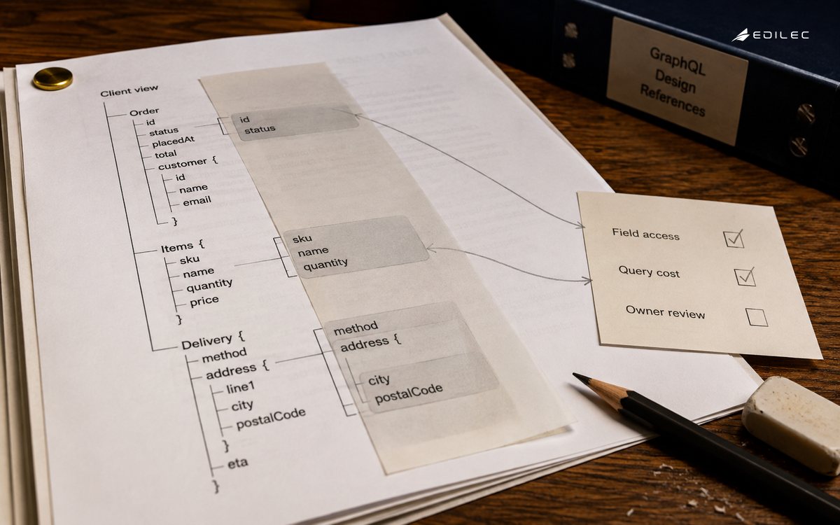 A tracing-paper overlay marks selected schema fields beside access and query-cost review notes.