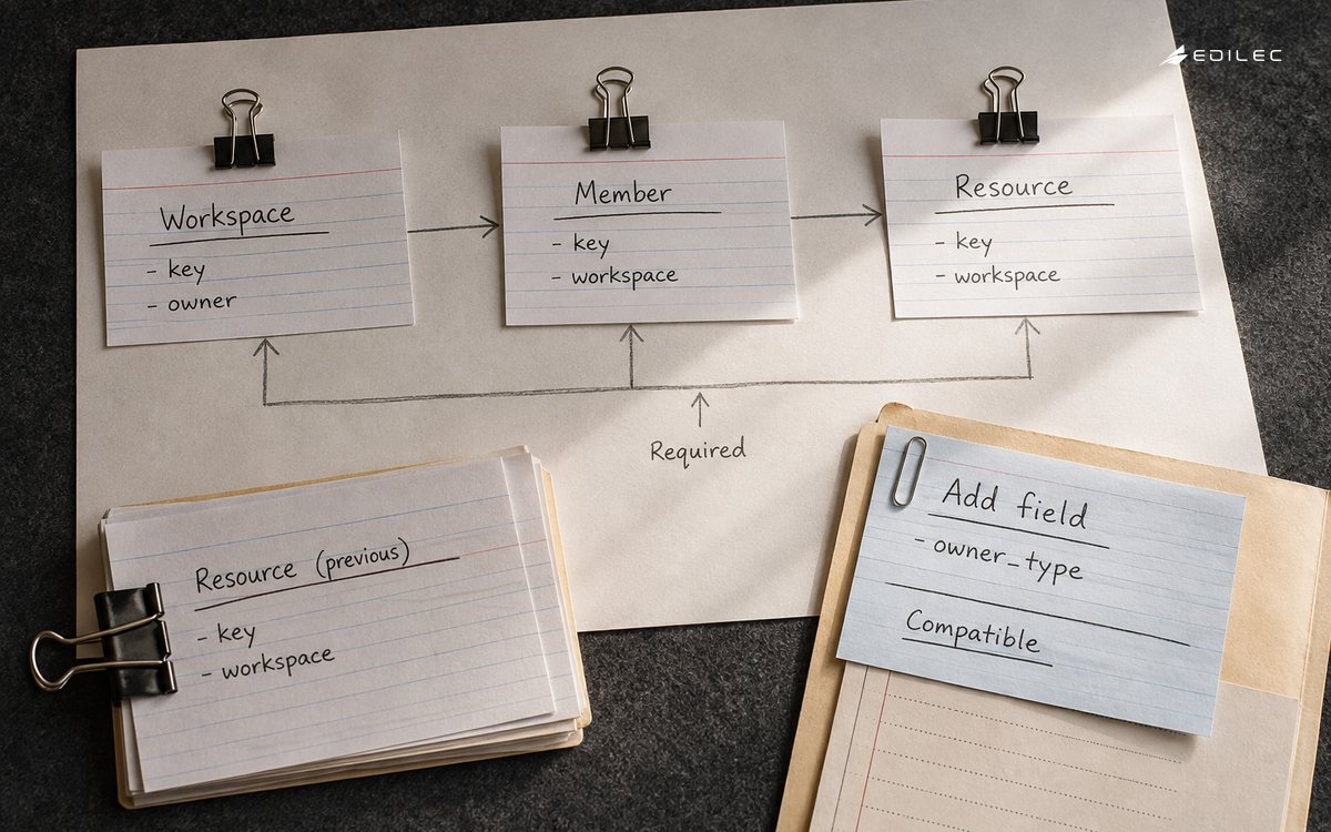 Paper schema cards connect workspace, member and resource fields beside a compatible-change slip.