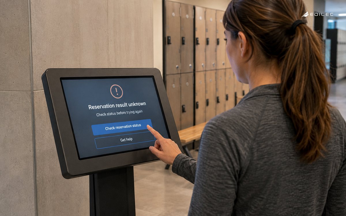 A visitor pauses at a kiosk offering a status check for an uncertain reservation.