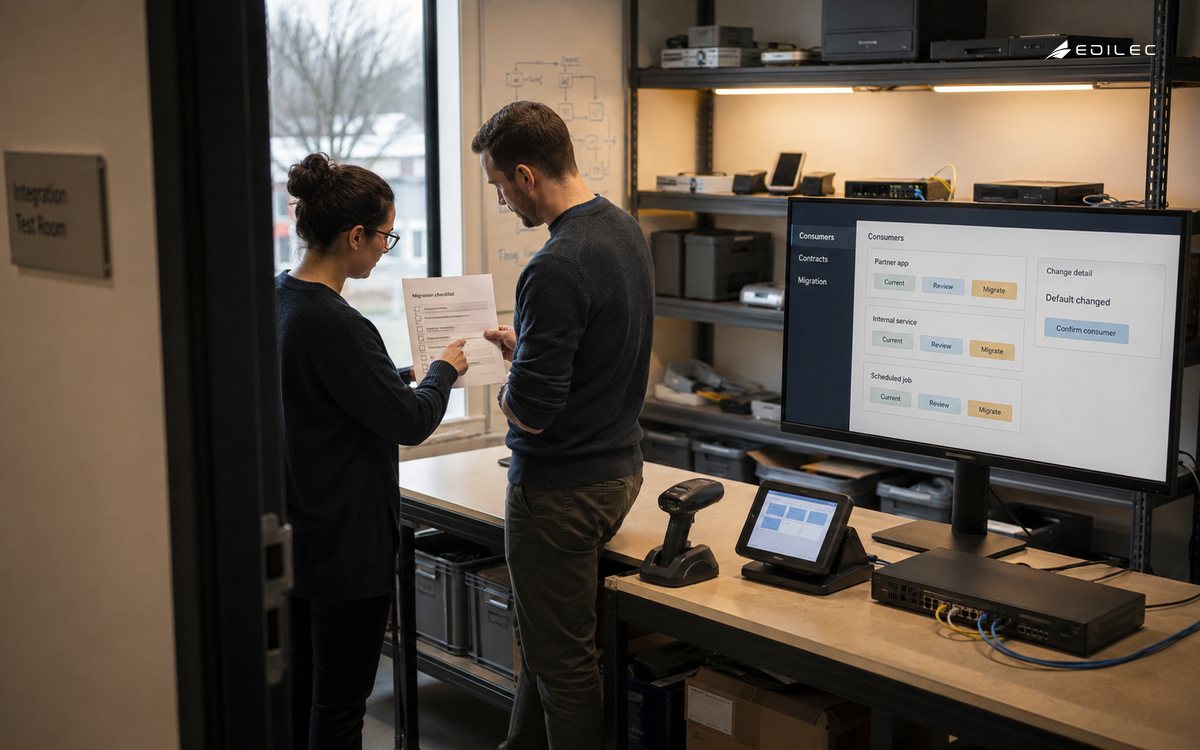 Standing engineers review API migration notes beside several client devices and a consumer inventory display.