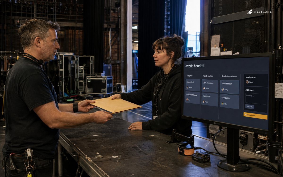 Theatre staff exchange a work folder beside an internal handoff screen.