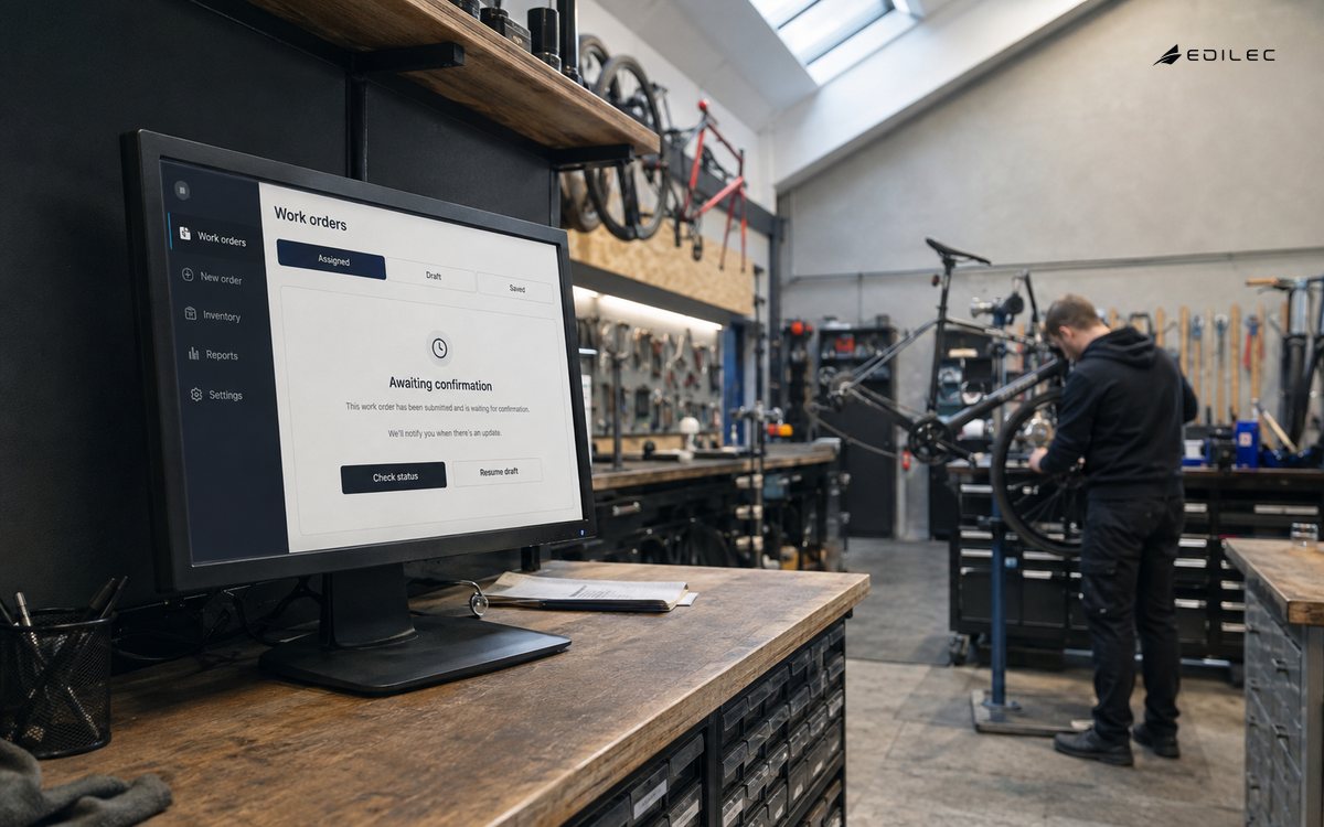 A repair shop work-order screen distinguishes a local draft from a confirmed assignment.
