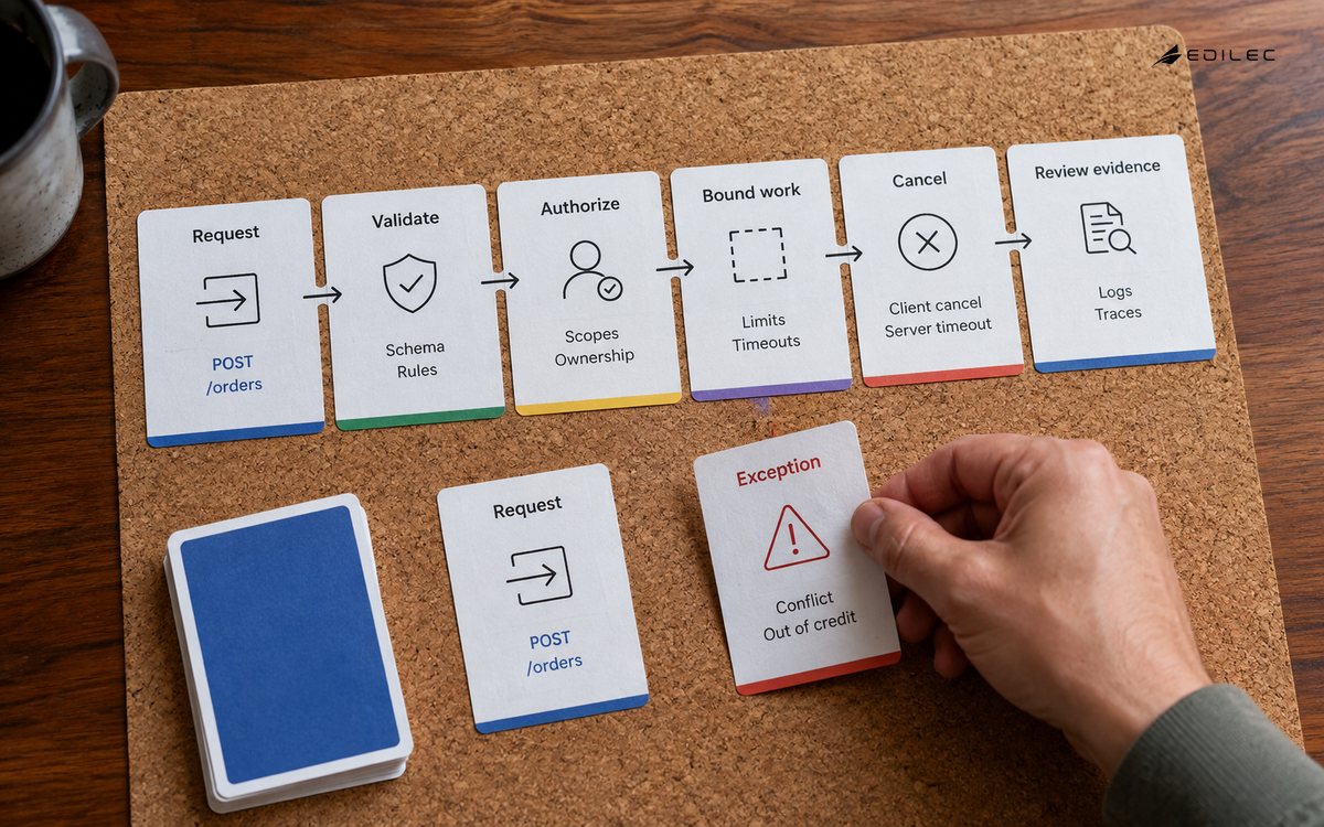 Top-down tactile photograph of printed route contract cards arranged on a cork work mat, a hand moving an exception card beside a normal request card, no electronic display.