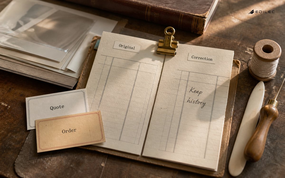 Separate quote and order records retain an original alongside its correction.