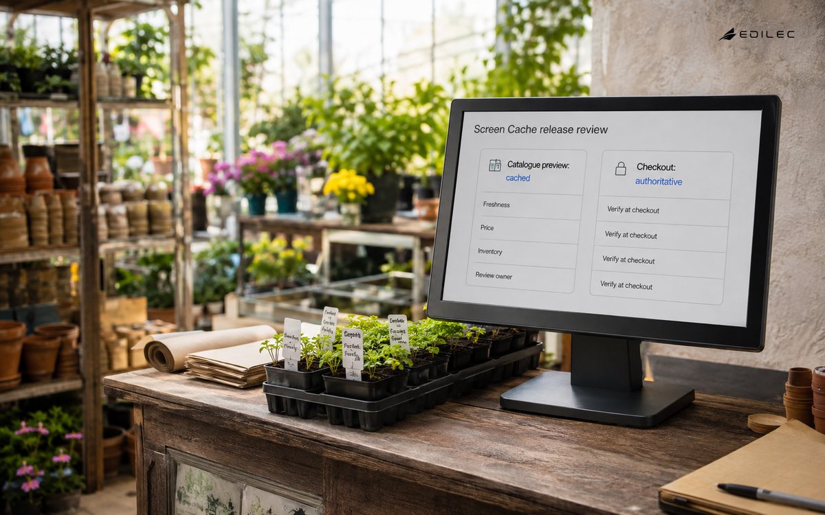 A nursery sales counter distinguishes a cached catalogue from authoritative checkout records.
