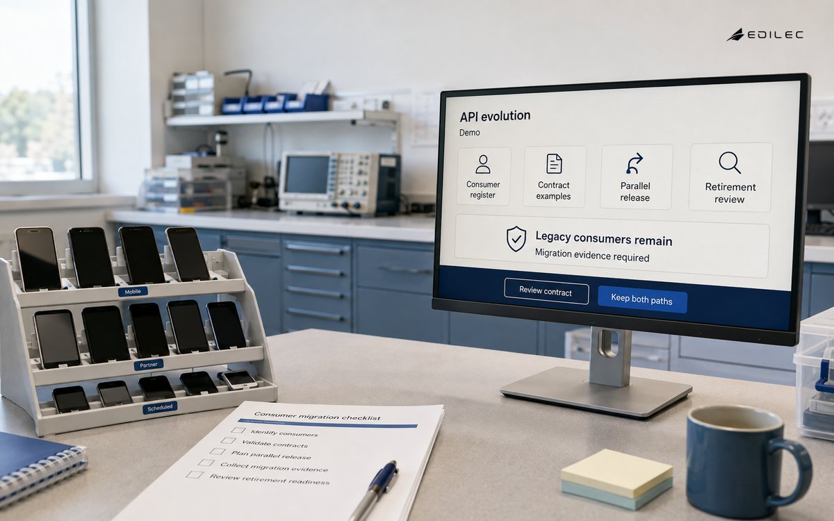 Test phones and a supported monitor show a consumer migration review in a compatibility lab.