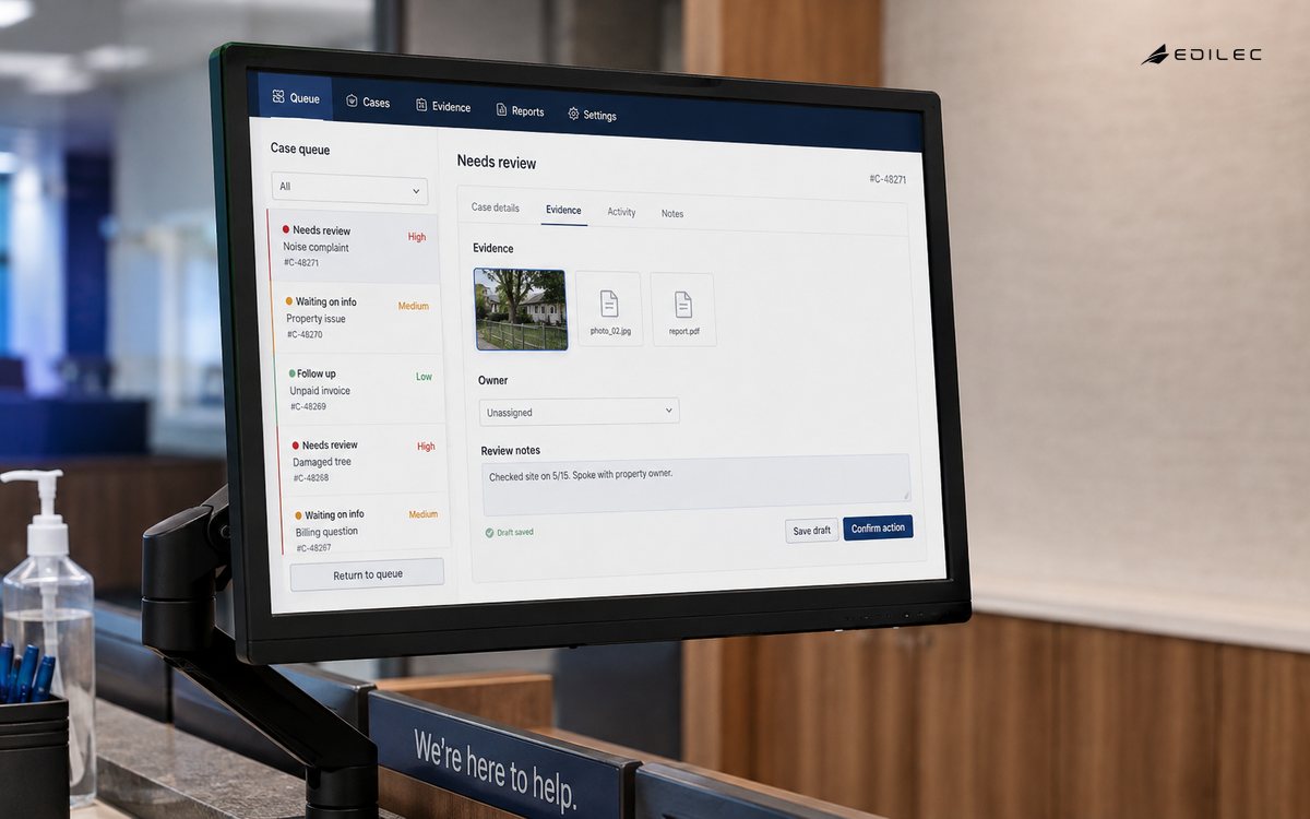 Close three-quarter photograph of an opaque monitor mounted on a solid adjustable arm at an accessible service counter. Detailed fictional case queue and evidence panel with clear primary action and preserved draft state, screen about sixty percent.