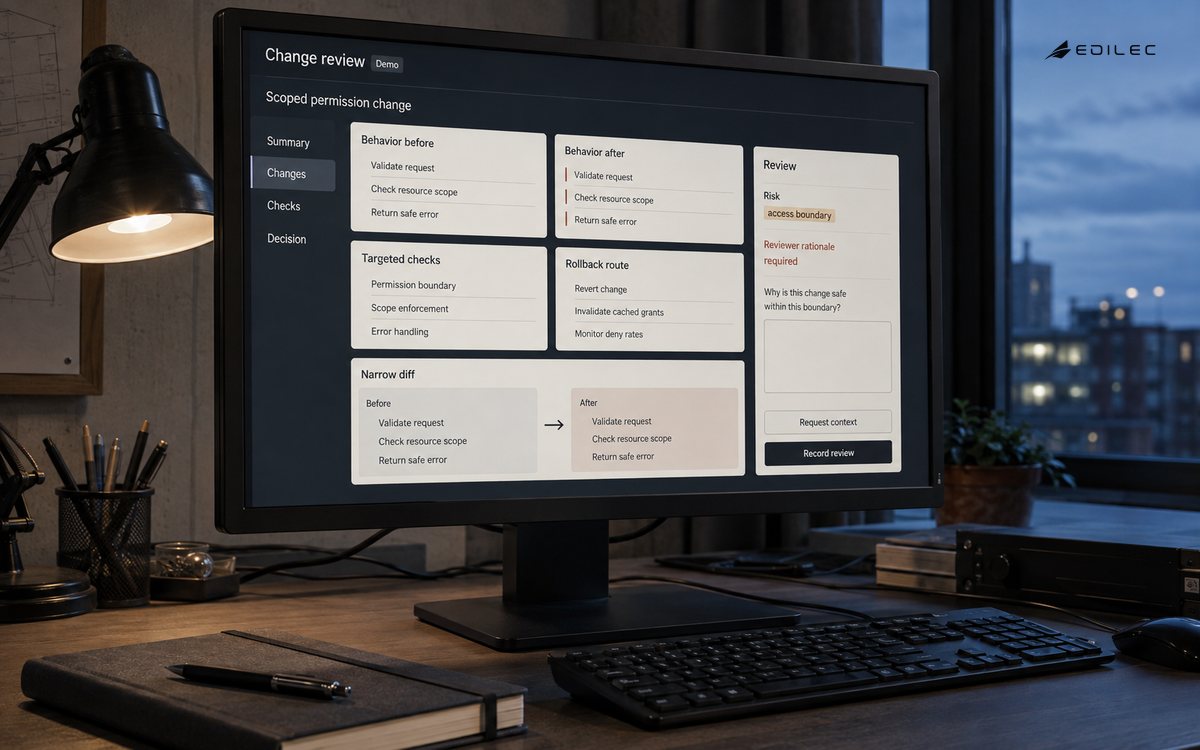 A supported monitor presents a scoped code-change review with risk, checks and reviewer rationale.