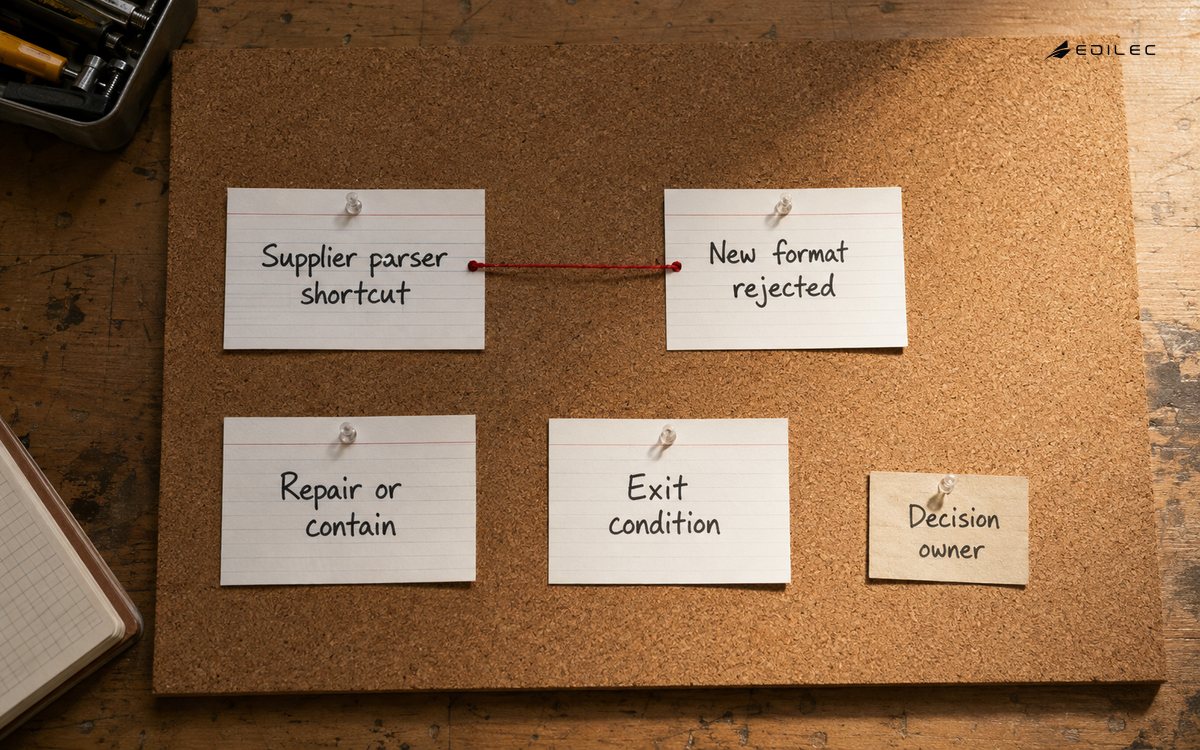 A shortcut and its rejected-format consequence are linked to an owner and a technical-debt decision.