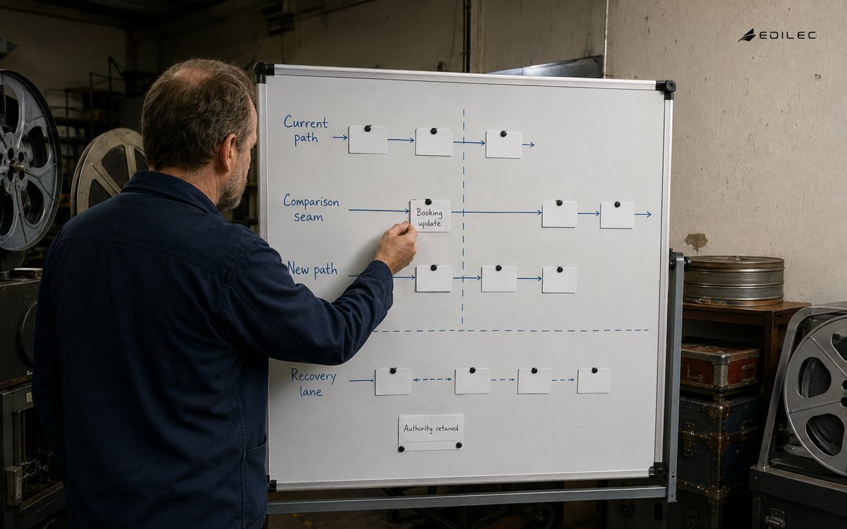 An engineer rehearses a booking workflow transition on a physical board with a recovery lane.