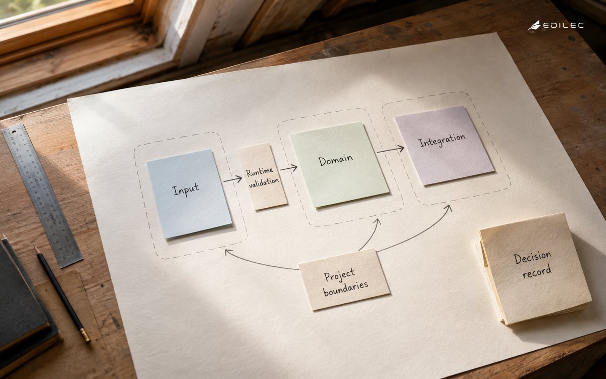 Paper module cards show input validation, domain logic and integration boundaries on a drafting bench.
