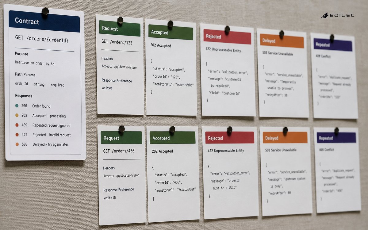 Angled macro photograph of carefully printed API contract cards on a linen workshop board, accepted and repeated request cards paired with response cards, no screen.