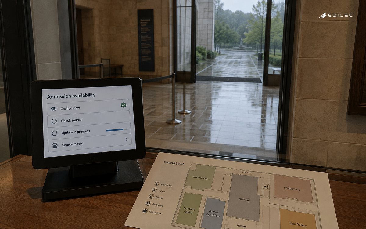 A museum ticket counter shows a cached availability view awaiting source validation.
