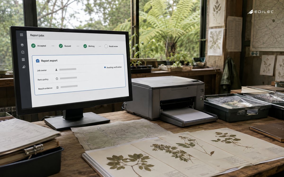 A field office report station distinguishes a queued report job from verified completion.