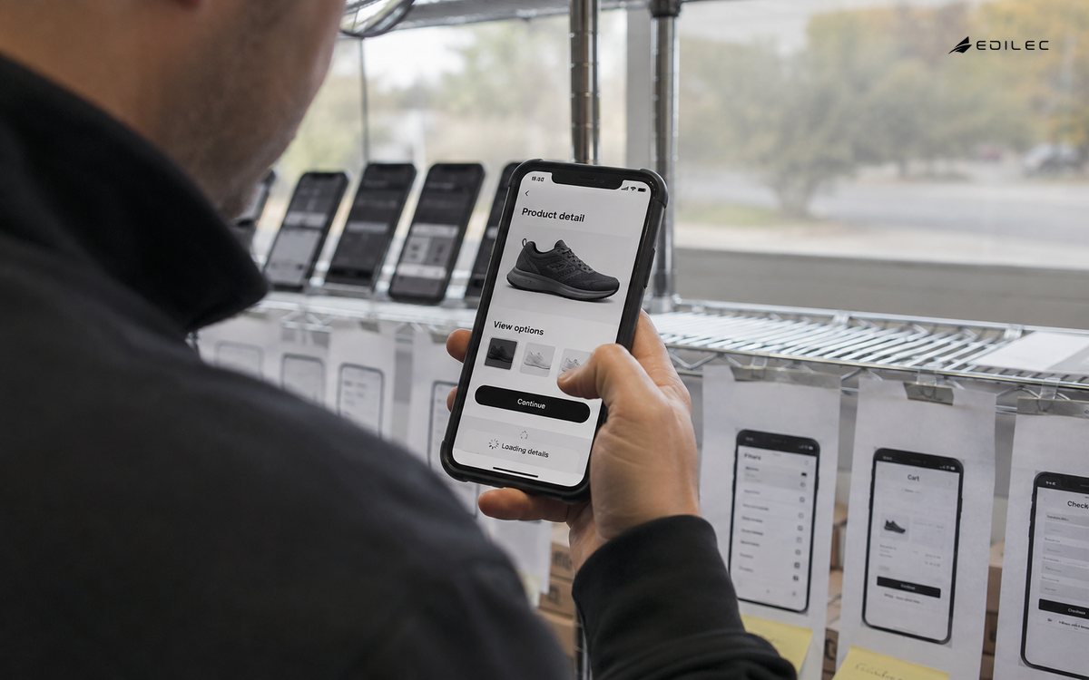 Over-shoulder close photo of standing product tester using a phone in a thick realistic case at a mobile testing shelf.