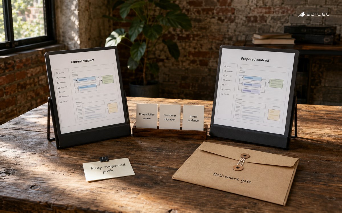 Physical contract stands and review cards show the evidence required before retiring a supported API path.