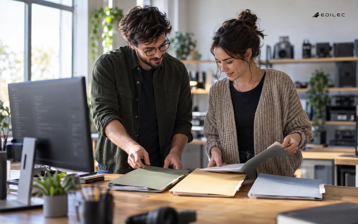 Developers review project folders beside a shared software workspace.