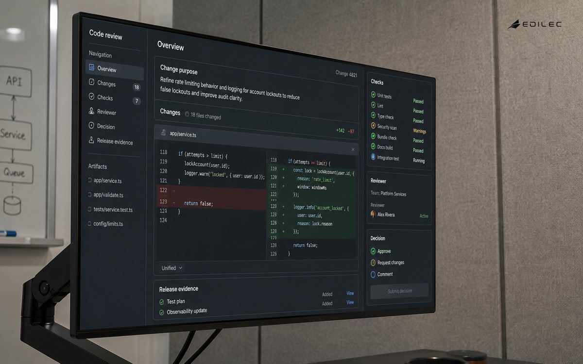 Close oblique photo of an opaque monitor on a solid arm in a quiet engineering review booth, detailed fictional code review surface about55 percent of frame.