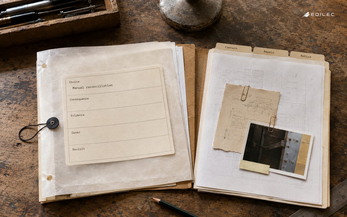 A technical debt review portfolio links a design choice to consequence, evidence and treatment.