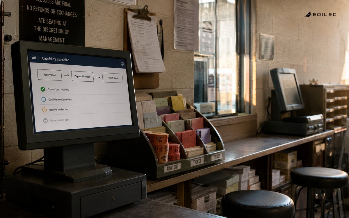A theater ticket office illustrates an incremental capability transition with its current path retained.