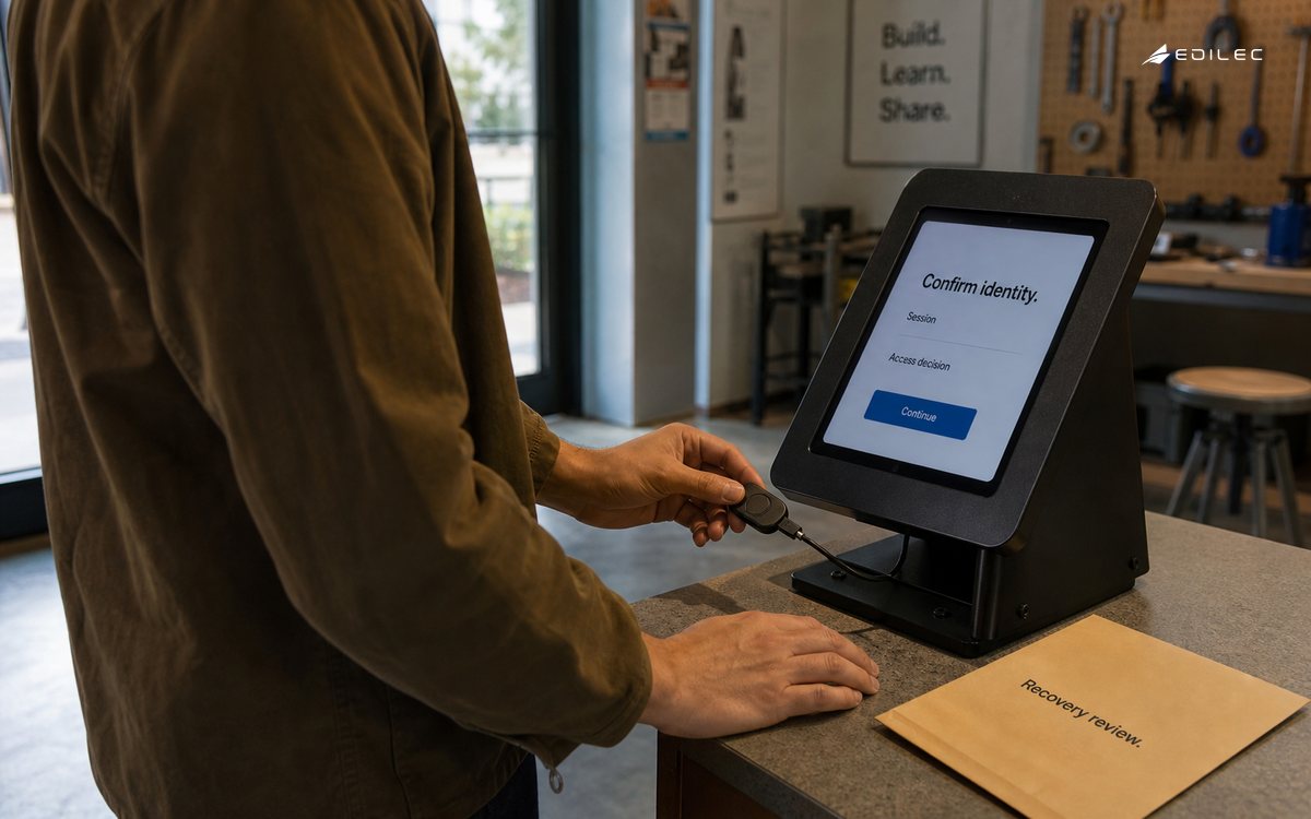 A visitor confirms identity at a kiosk while recovery guidance remains separately available.