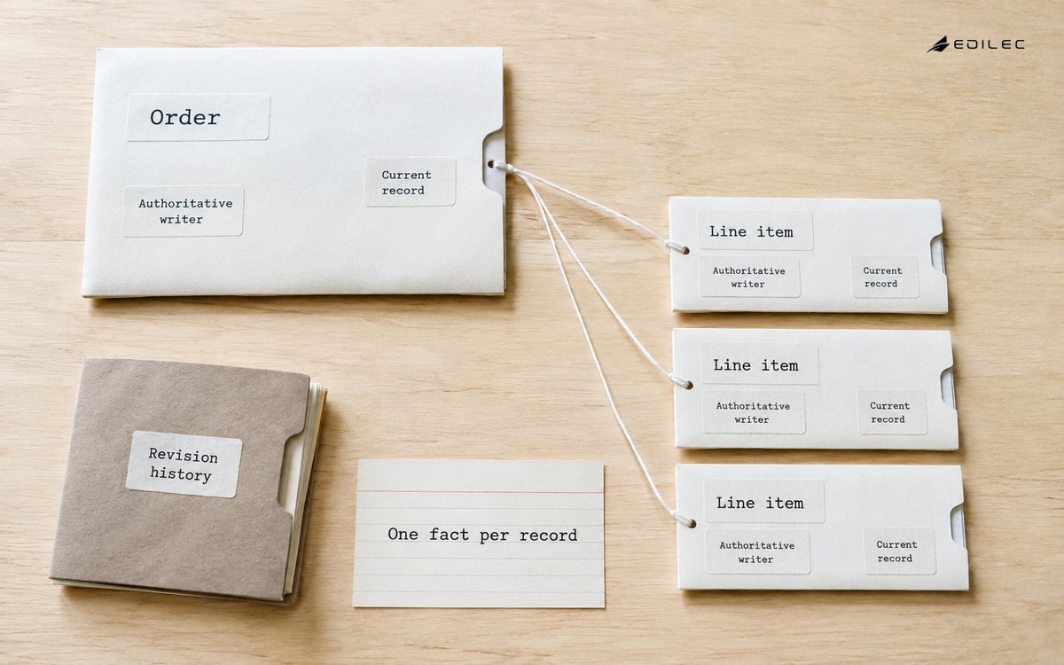 Paper records illustrate an order, related line items and a separately preserved revision history.