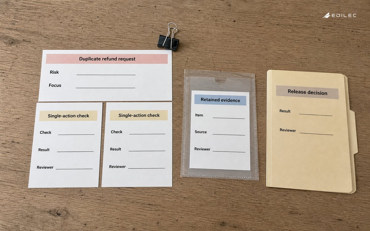 A duplicate-refund risk card connects check forms with retained evidence and a release decision.
