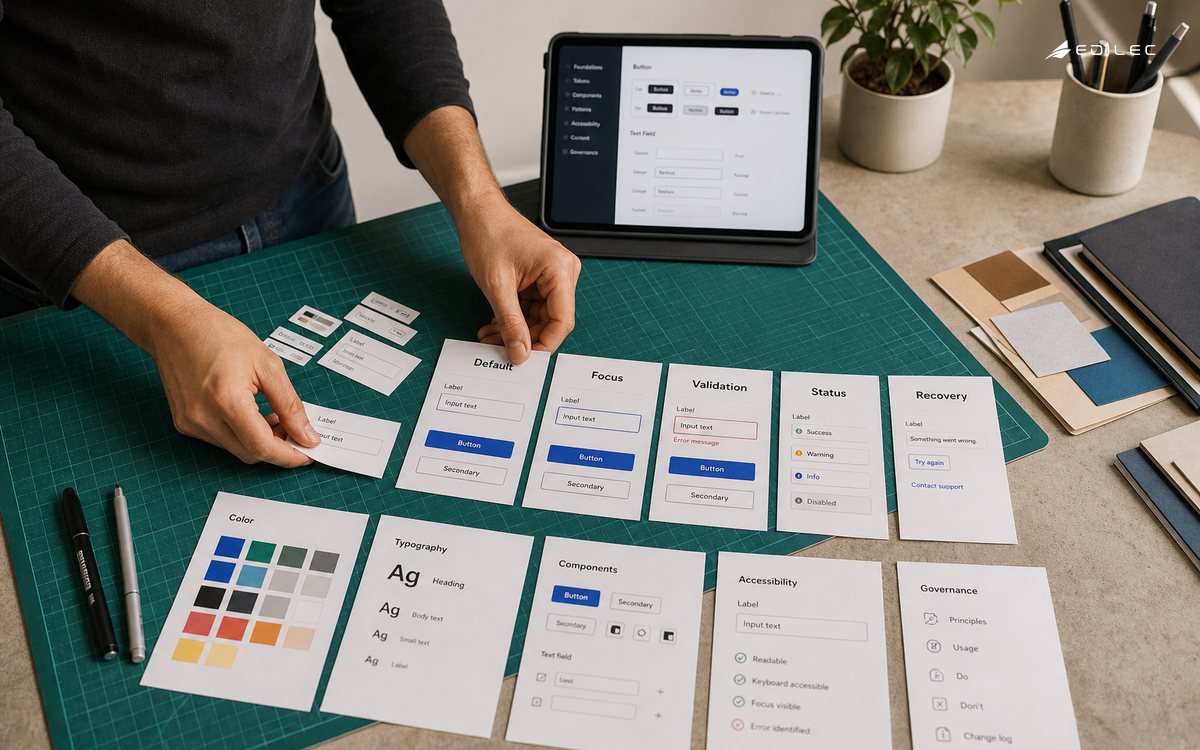 Top-down angled photo of a standing designer hands arranging printed component-state samples and accessible form labels on a studio cutting mat, small tablet in background with real case, no laptop pose.